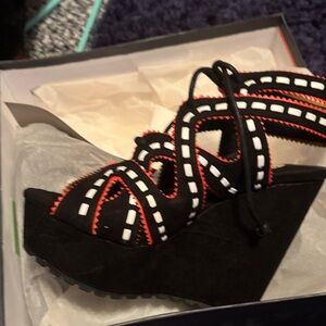 Black Lace-Up Wedge Sandal with White and Orange Accents